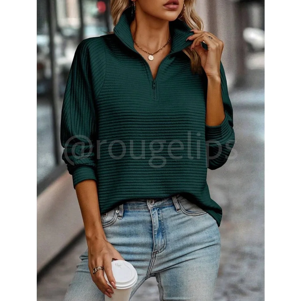 Ribbed Dark Green Long Sleeve Pullover Sweatshirt Zip Up Neck - Picture 3 of 6